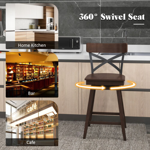 Set of 4 Wooden Swivel Bar Stools Counter Height Kitchen Chairs w/ Back Brown - Picture 6 of 8