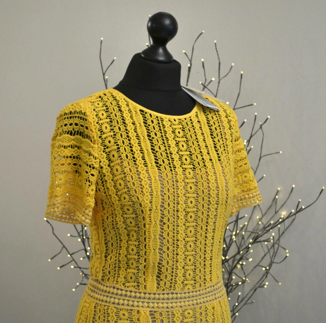 Abito donna MK Michael Kors pizzo applique giallo foderato cotone staccato tg UK 6
