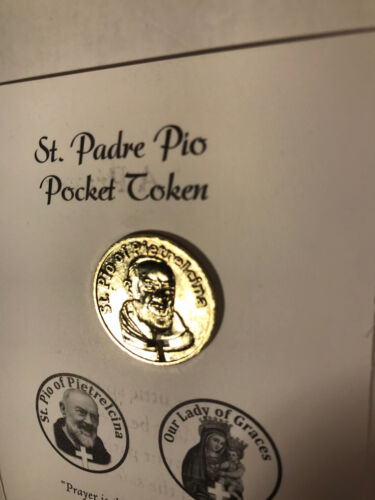 Moneta gettone tascabile color oro San Padre Pio Madonna delle Grazie CARTOLINA preghiera - Foto 8 di 12