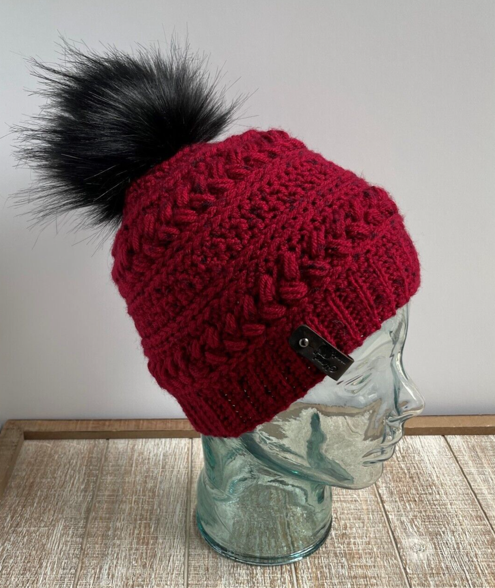 Handmade Crochet Faux Fur Pom Beanie Winter Hat red black