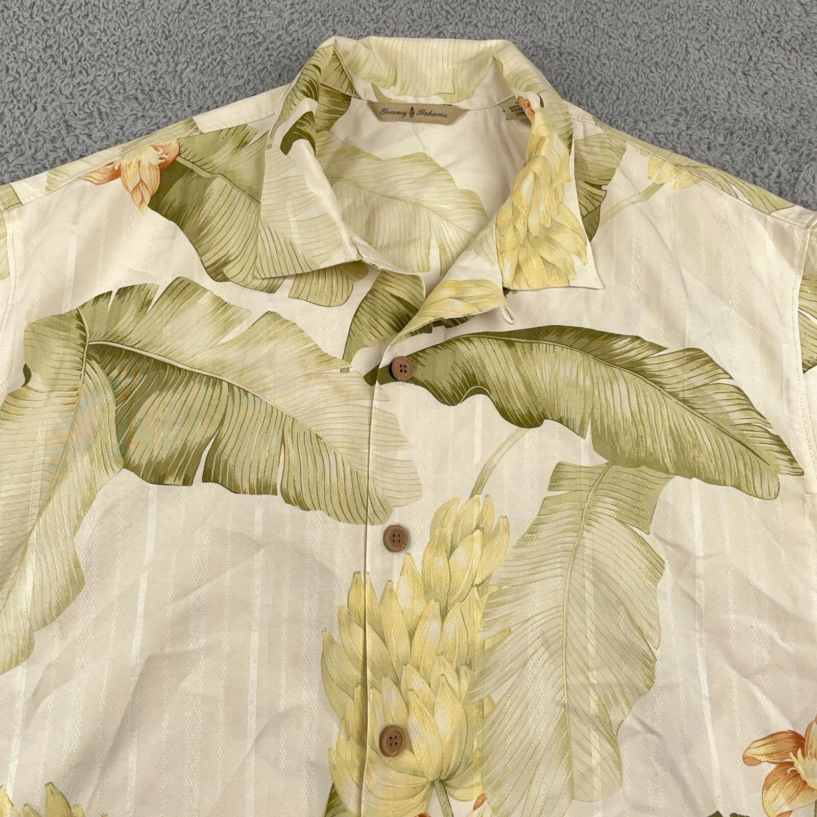 Tommy Bahama Shirt Mens M Silk Hawaiian Floral All Over Print Loop Collar Camp