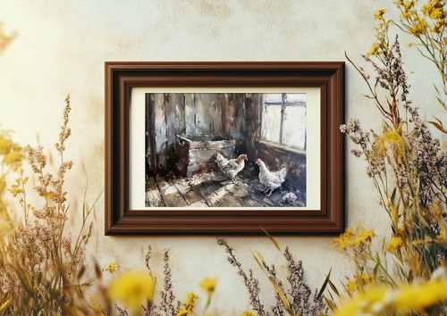 Chickens in Sunlight 5"x7" Print on Matte Paper | Rustic Oil Farmhouse Scene - Picture 11 of 17