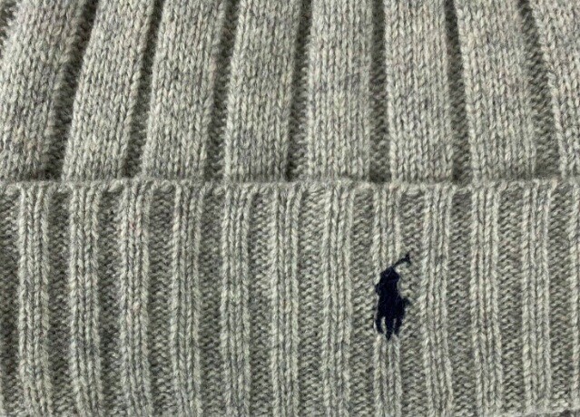 Cappello berretto Polo Ralph Lauren uomo blu pony logo lana polsino a costine grigio nuovo con etichette