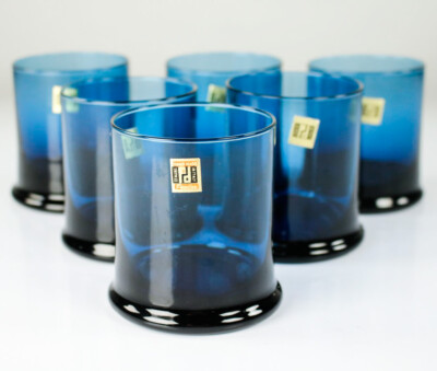 6 Whisky Gläser Tumbler Peedee Italy Hand Made blau Vintage 60er Jahre