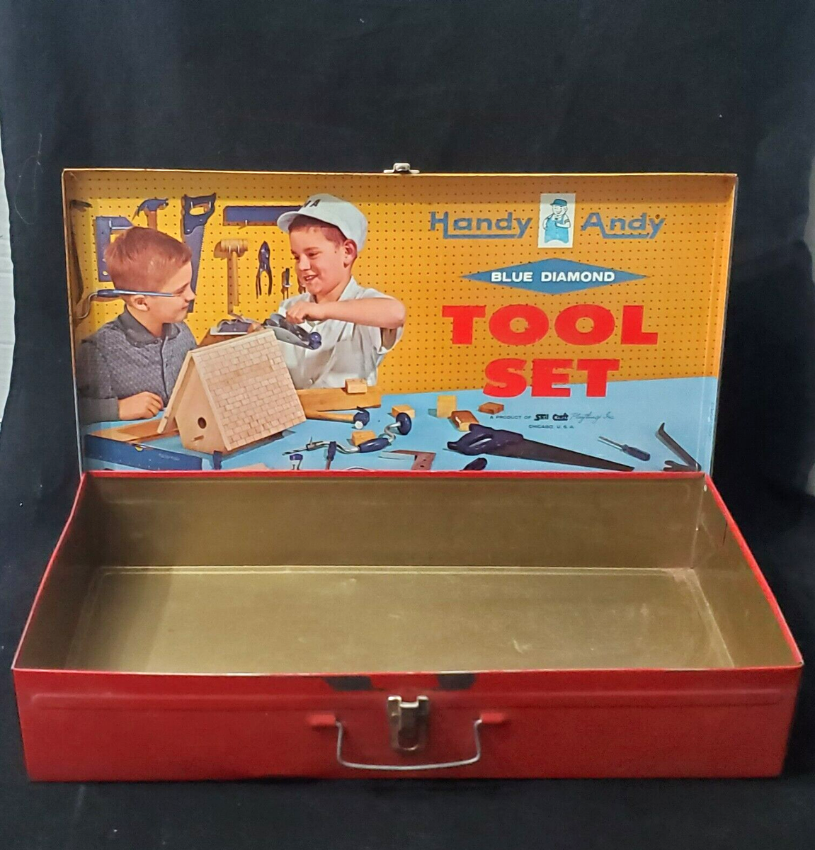 VINTAGE HANDY ANDY BLUE DIAMOND TOOL BOX SET METAL CASE NO. 650