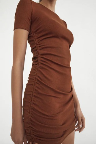 NWT Zara Ruched Ribbed Dress in Brown 