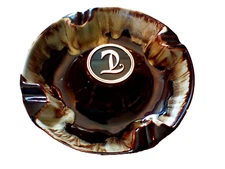 VINTAGE CERAMIC CIGAR ASHTRAY BROWN MONOGRAM D 8.5" DRIP GLAZE MCM 