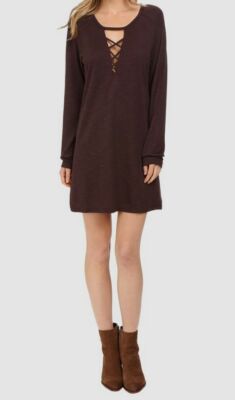 $89 Lanston Women's Brown Lace-Up Long Sleeve Sweatshirt Shift Dress Size M