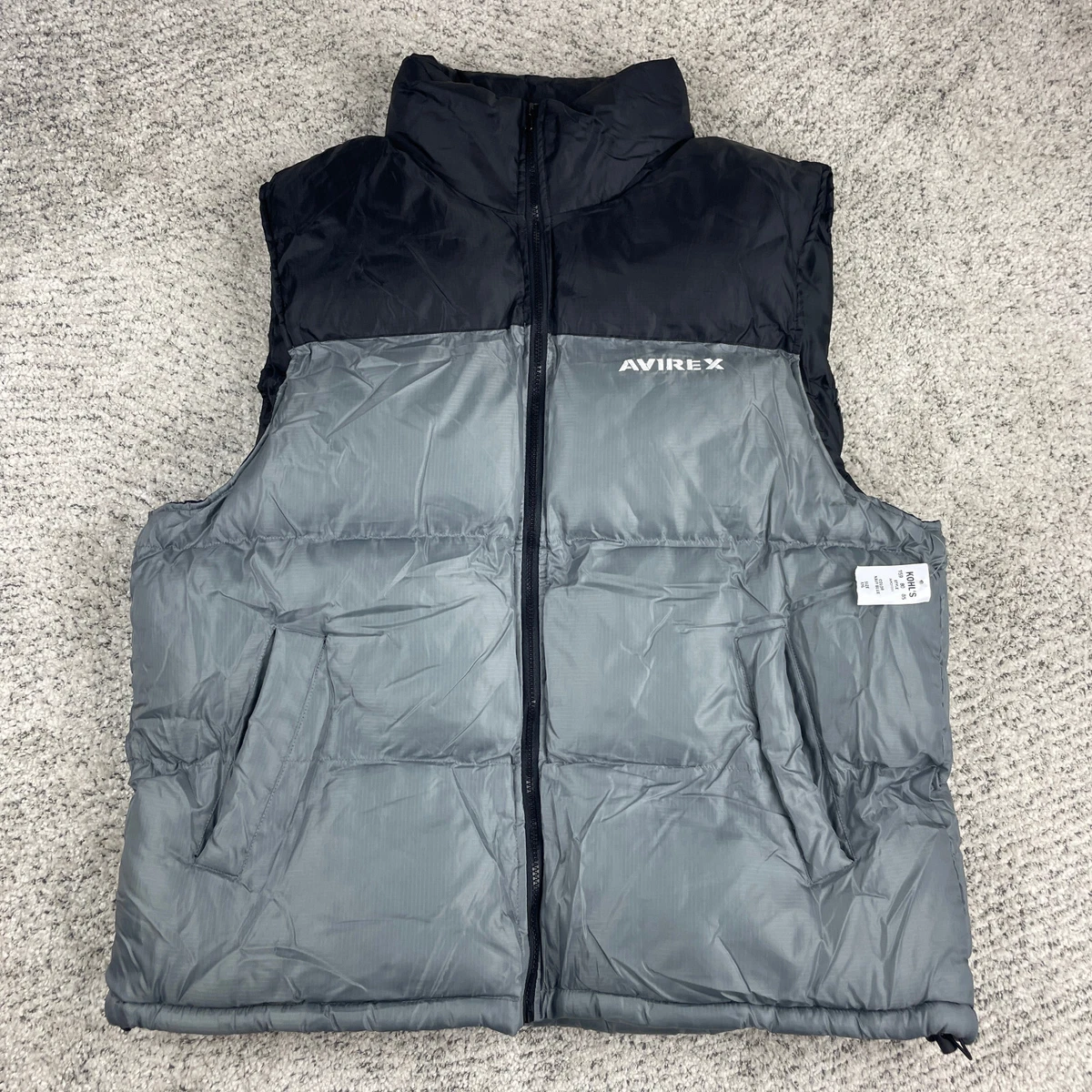 Avirex Vest Mens XXL Puffer Full Zip Colorblock Gray Black Spellout Logo XXL NWT