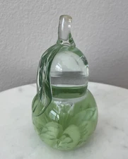 ST. CLAIR  ART GLASS PAPERWEIGHT GREEN PEAR PLACED BUBBLES, SIGNED, 6"