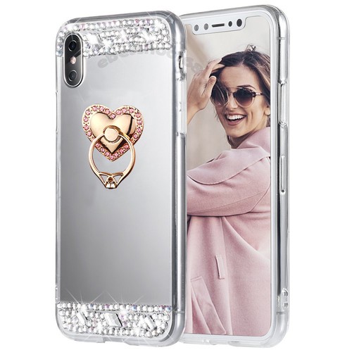 Bling Diamond Crystal Ring Holder Kickstand Mirror Makeup back Soft Case Cover - Picture 2 of 12