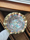 Pretty Green Millersburg Carnival Glass Hanging Cherries Pattern Ruffled Bowl