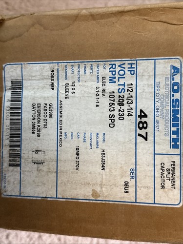 Electric Motor HE3J284N 208-230 V 1/4 1/3 1/2 HP 1075 RPM AO Smith 487 HVAC Fan - Picture 11 of 11