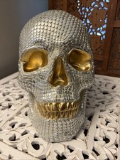 Large Skull Figure Halloween 11 inch Spooky Silver Gold Home Decor NEW Mantel