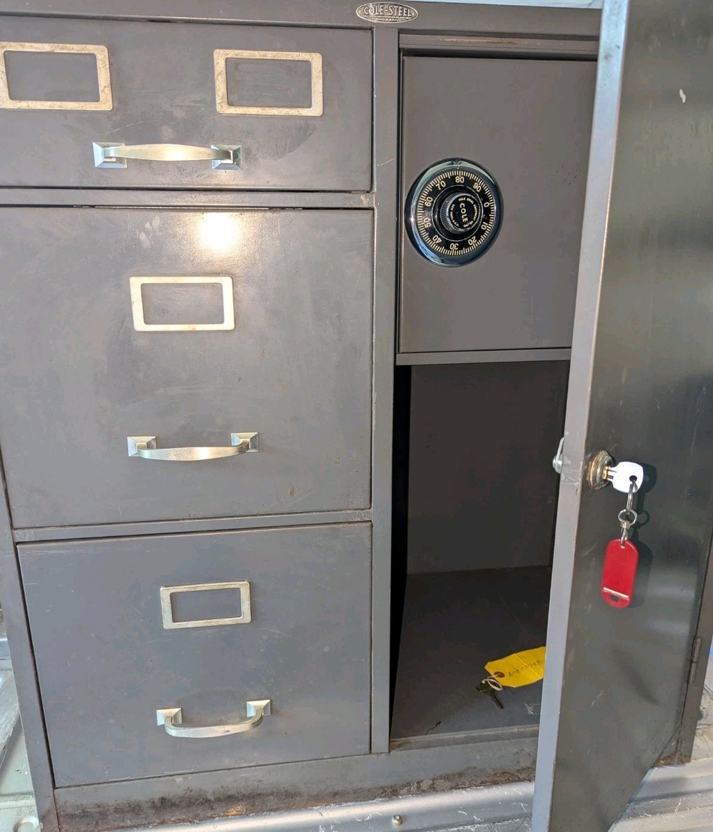 Vintage Cole Steel 3-drawer filing cabinet With Safe + Keys