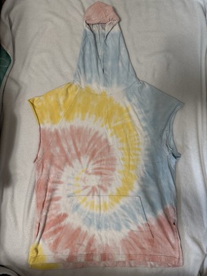 Women's Tie Dye Sleeveless Pullover Hoodie Pink Yellow Blue Kangaroo Pocket
