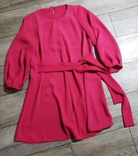 Women Solid Color Round Neck Lantern Sleeve Belted Mini Dress Sz XS 