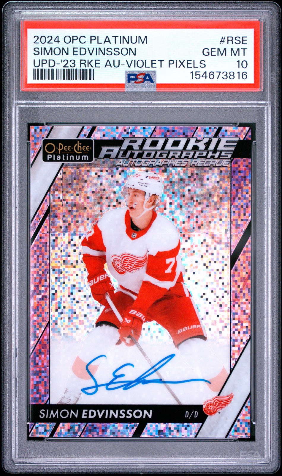 2024 O-PEE-CHEE PLATINUM UPDATE AUTO VIOLET PIXELS SIMON EDVINSSON RC /99 PSA 10 view 1