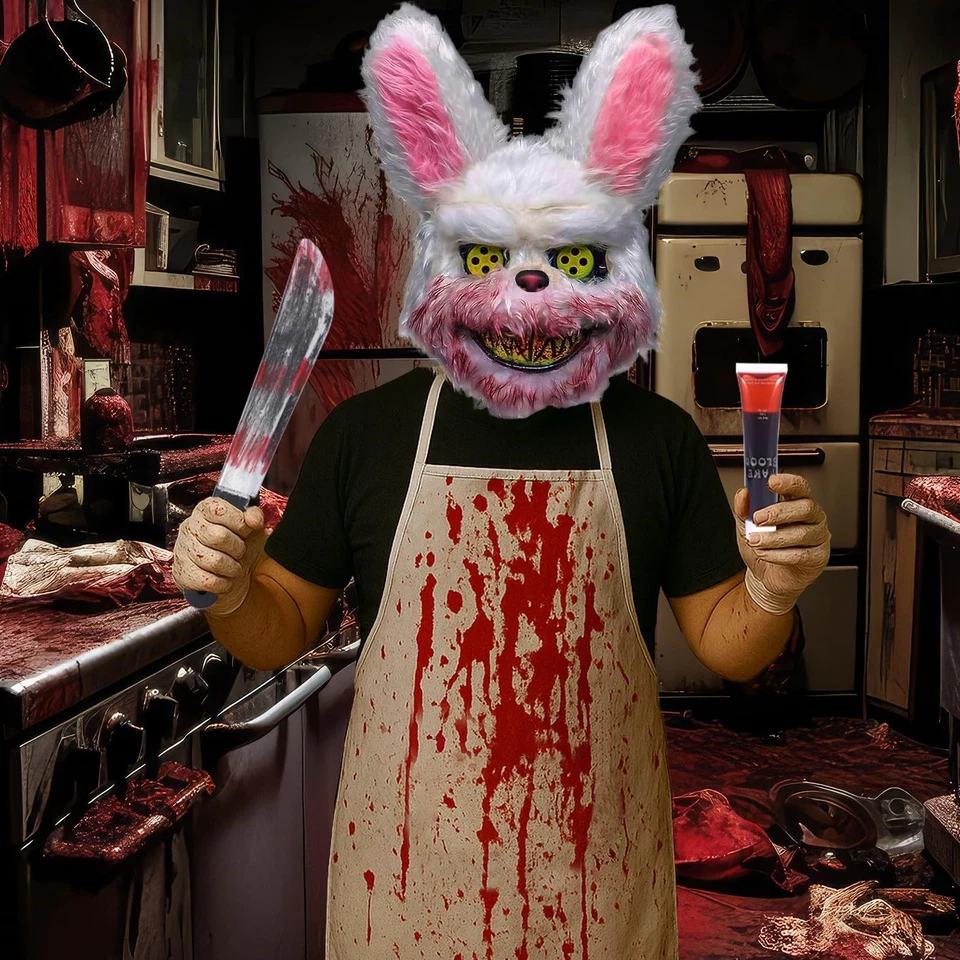 SaiXuan Maschera Coniglio Horror con Accessori Costume Halloween Adulto 6 Pezzi - Immagine 2 di 4