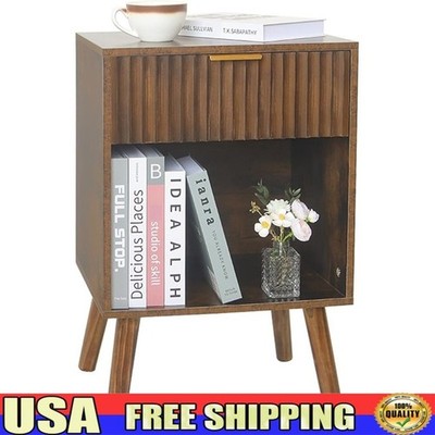 Modern Fluted Nightstand W/ Drawer Spacious Storage Bedside Table Bedroom New