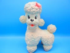 Vintage Squeak Toy White Poodle Dog Pink & Blue Trim Roller Feet Sun Rubber Co