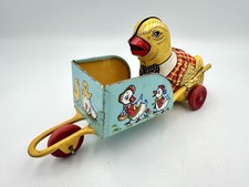 Vintage J. Chein Tin Easter Toy Chick Pushing Wheelbarrow