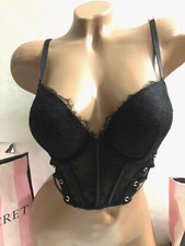 Victoria's Secret Black Lace Longline Push up Corset Bra 32D NWT