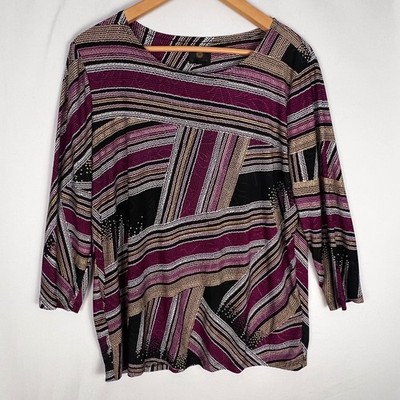 JM Collection Womens Top Multicolor Swirl Print Long Sleeve Crew Neck Size Large