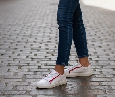 Tory Burch Sport Ruffle Sneakers White Leather Red Trim Women's