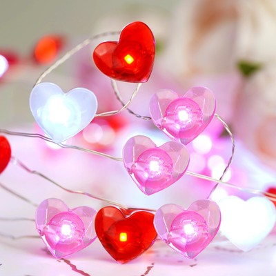 Valentine Day Decorations 13 ft 40 LEDs Red White Pink Heart Shaped Twinkle F...