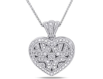 1/20 Karat (ctw) Akzent Diamant Medaillon Herz Anhänger in Sterlingsilber