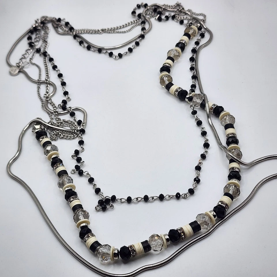 Collar Vera Wang Cuentas Cristal Blanco Negro Tono Plata 26" Foto 3 de 4