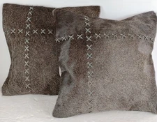 Cowhide Hair Decorative Throw Pillows Set of 2 NEW Gray 18"x18" India