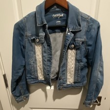 Cat  Jack Girls Blue Denim Jacket L 10/12 Crochet Accents Pockets