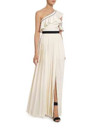 SELF PORTRAIT White Black Piped Ruffle One Shoulder Pleated Maxi Gown 2 US = 6UK