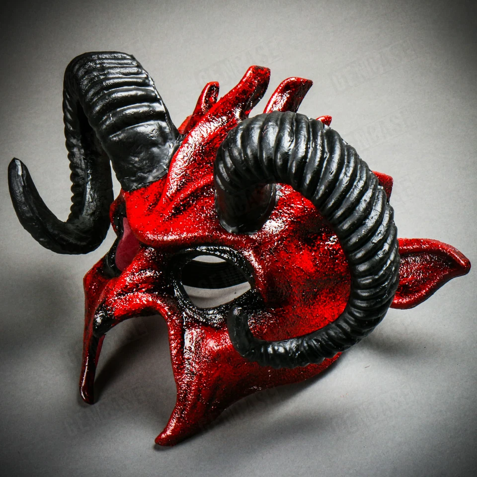 Halloween Demon Devil Satan w/ Black Ram Horns Masquerade Party Mask Bloody Red - Image 4 of 4