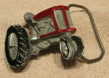 Vintage 1981 Pewter  Red Enamel Tractor Cut-Out Belt Buckle - Made in Mexico
