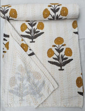 Handmade Cotton Kantha Quilt Hand Block Print King Size Bedspread Blanket Floral