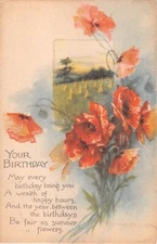 Pretty Poppies by Field of Corn Shocks on 1914 Art Deco Birthday Motto Postcard