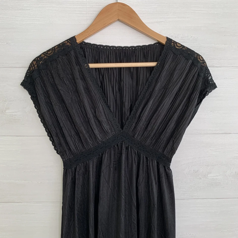 Miss Elaine - Vestido negro arrugado cuello en V sin mangas largo encaje recortado, S Foto 2 de 4