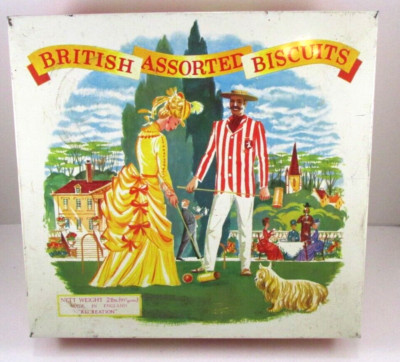 VINTAGE BRITISH ASSORTED BISCUITS TIN ADVERTISING MADE IN ENGLAND Empty