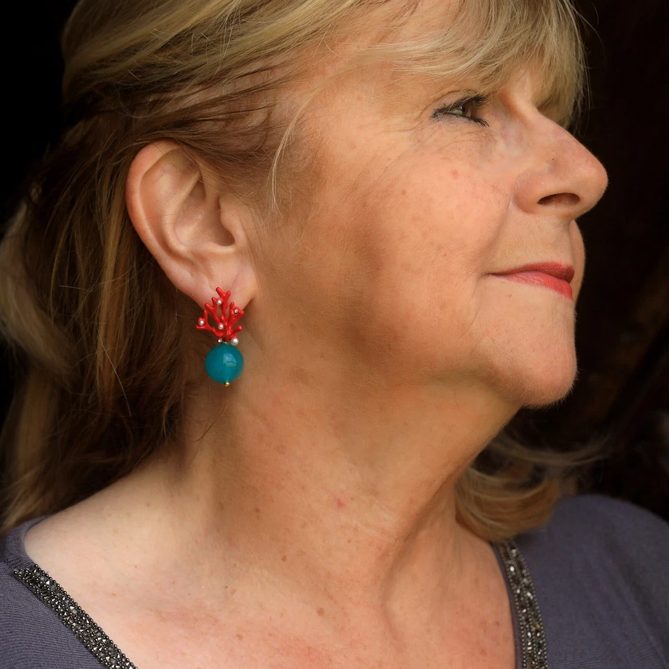 Ohrstecker Goldene Koralle Emaille Rot Perle Amazonit Türkis DZ1 - Bild 4 von 4