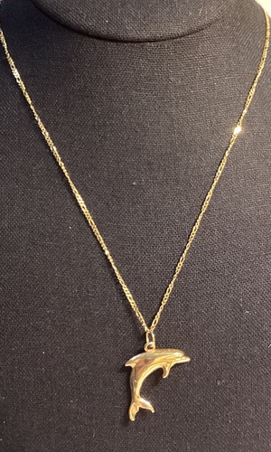 14k Yellow Gold Leaping Dolphin Necklace Pendant 1.5” on 18" Gold Chain