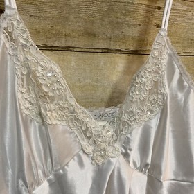Vtg Val Mode Nightgown M White Satin Lace Trim Front Slit Bridal Lingerie Gown