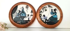 Reverse Painting on Convex Glass, Mother & Child Antique Circle Wood Frame