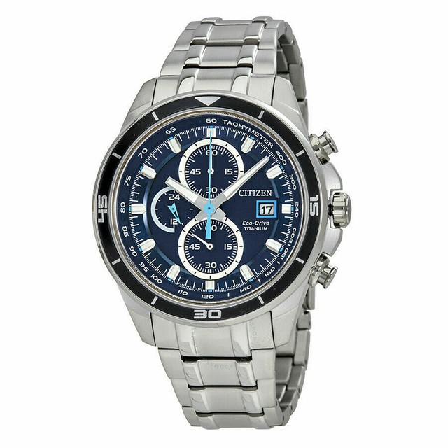 New Citizen Eco-Drive Super Titanium Blue Dial Chronograph Mens Watch CA0349-51L | eBay