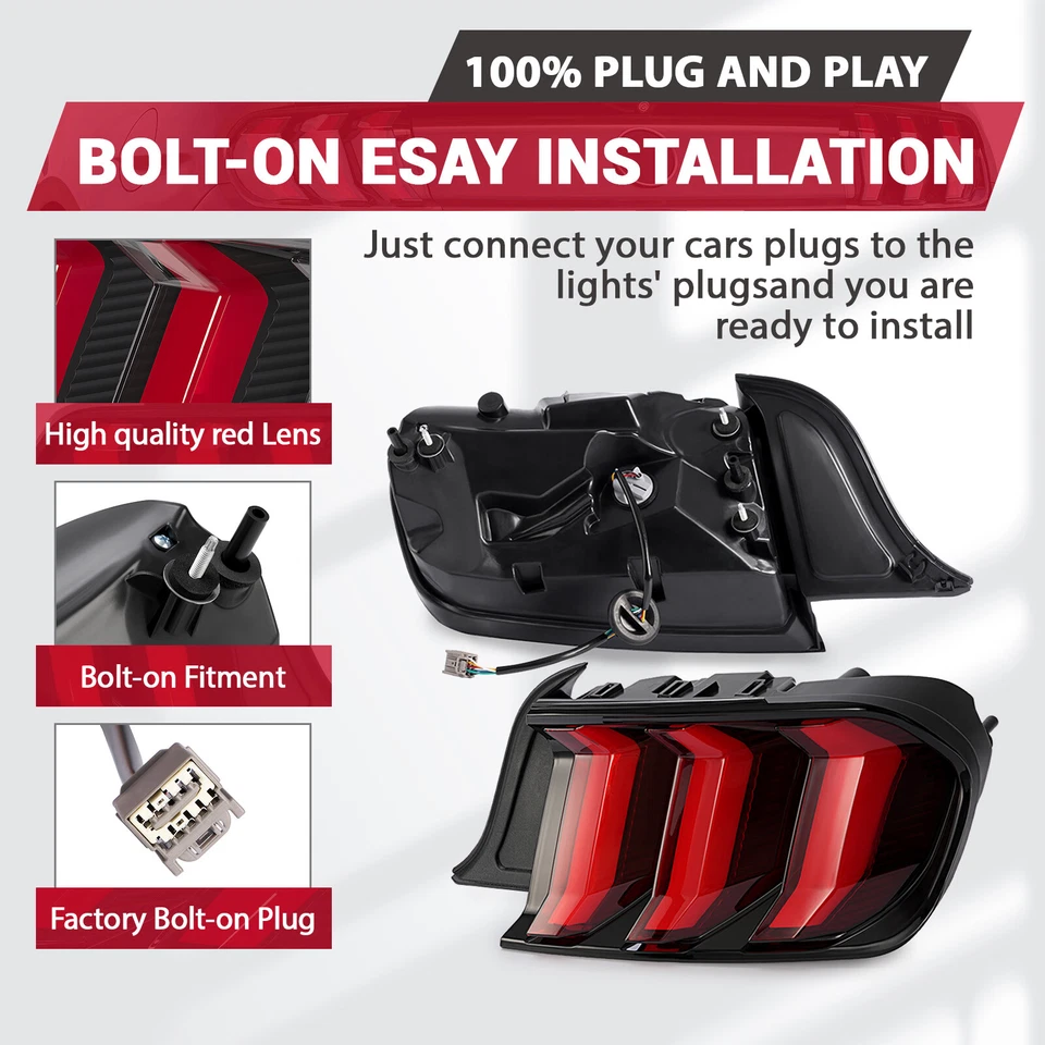 Luces traseras secuenciales LED HECASA para Ford Mustang 2015-2023 lámpara de freno lente roja Foto 3 de 4