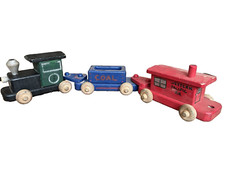 Old Vintage Solid Wood Painted Train Set 3 Cars Made USA Green, Blue, Red