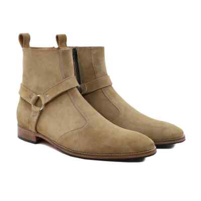 Men\'s Suede Ankle Boots with Leather Strap in Tan Mens Tan Color Suede Size Zipper Boots, Mens Fashion Ankle  main image 4