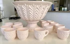 1950s JEANETTE FEATHER SHELL PINK GLASS PUNCH BOWL, BASE, 14 CUPS